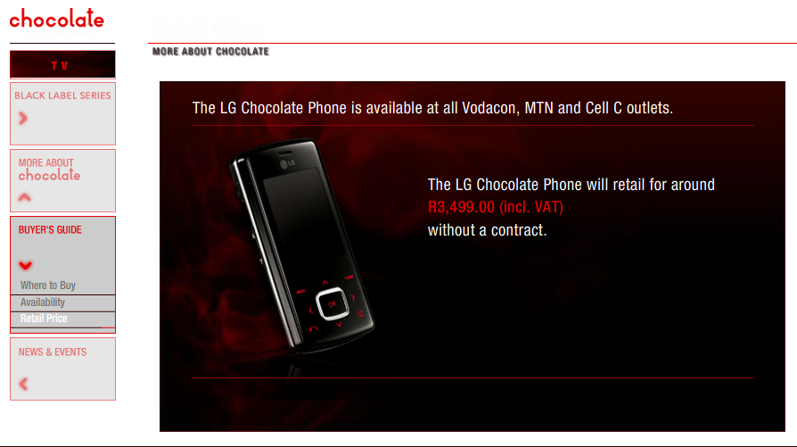 Screenshot from the LG Chocolate website